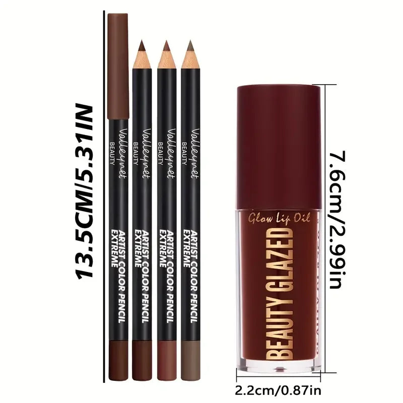 4pcs Lip Kit Set-3pcs Lip Liner+1pc Lip Glaze, Waterproof&Long-Lasting Matte Effect,Versatile