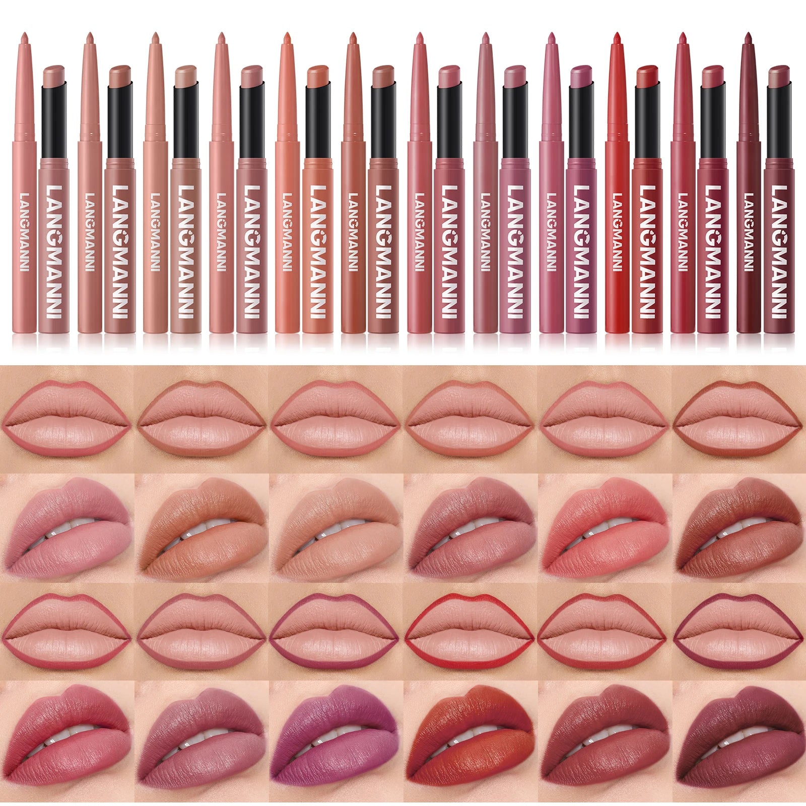 Integrated Waterproof Lipliner and Lipstick Set in various shades, with swatches on lips