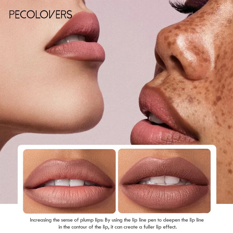 Waterproof matte lipliner pencil in red tint shown on lips, highlighting a long-lasting makeup effect.