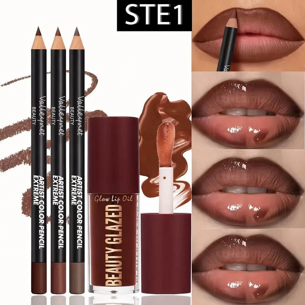 4pcs Lip Kit Set-3pcs Lip Liner+1pc Lip Glaze, Waterproof&Long-Lasting Matte Effect,Versatile