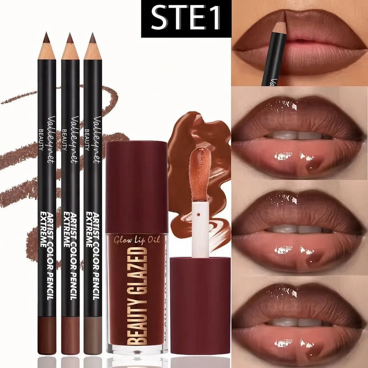 4pcs Lip Kit Set-3pcs Lip Liner+1pc Lip Glaze, Waterproof&Long-Lasting Matte Effect,Versatile