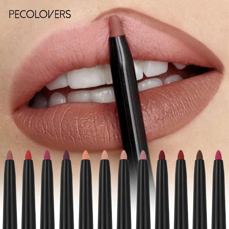 Waterproof matte lipliner pencil in red tint applied to lips, with multiple shades displayed below.