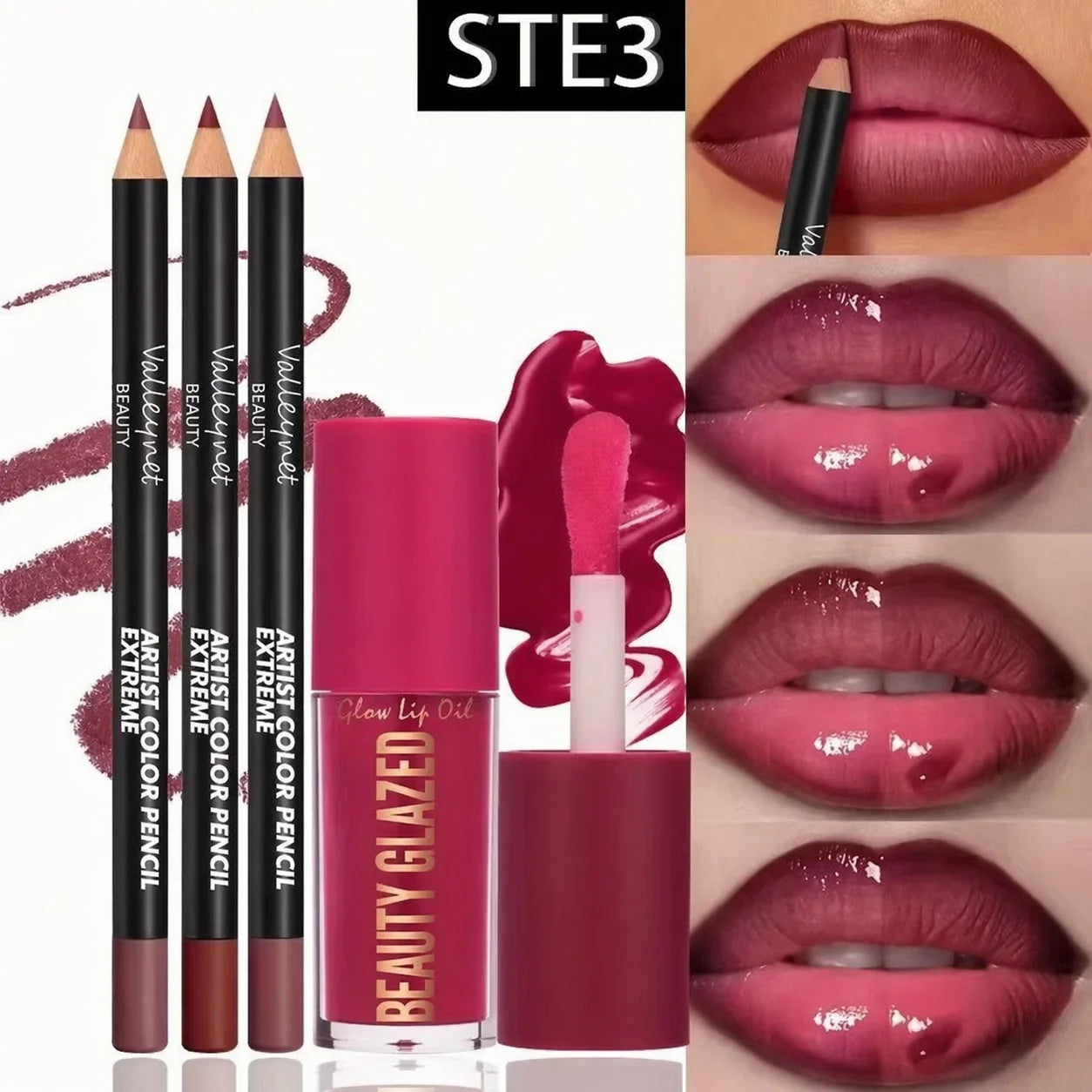 4pcs Lip Kit Set with 3 lip liners and 1 lip glaze, showing matte and glossy effects on lips
