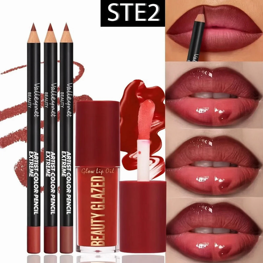 4pcs Lip Kit Set with 3 lip liners and 1 lip glaze, shown with application on lips