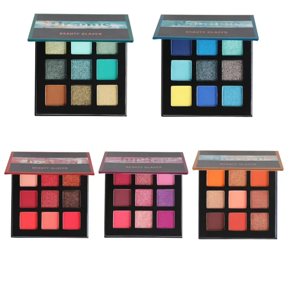 Nine-color eyeshadow palette featuring shimmer and matte shades in various colors, arranged in three compact cases.