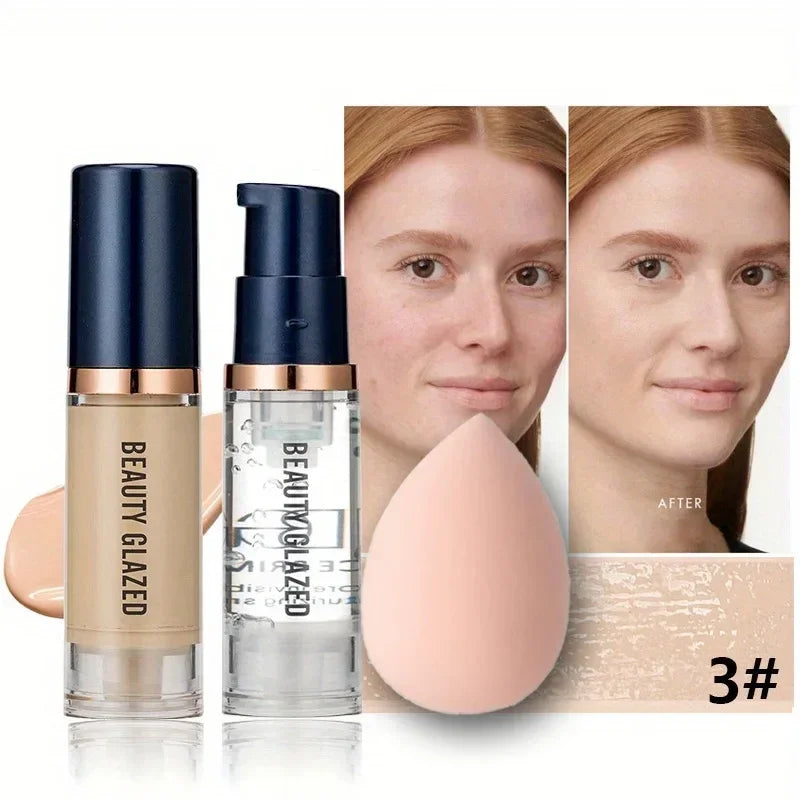 Beauty Glazed 3-Piece Makeup Set – Matte Liquid Foundation, Primer & Puff