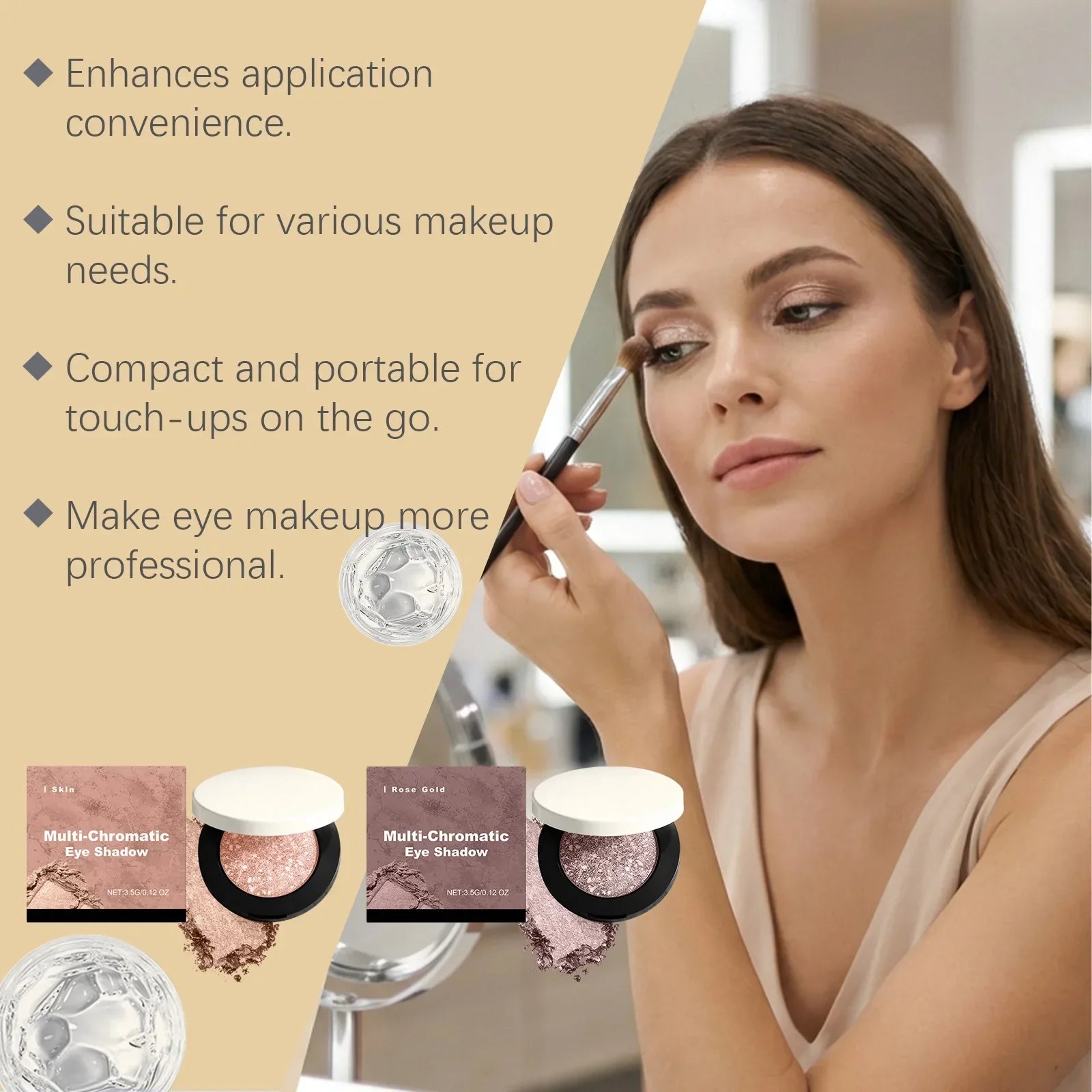 Shining eye shadow palette featuring matte and shimmer shades, displayed with a model applying makeup.