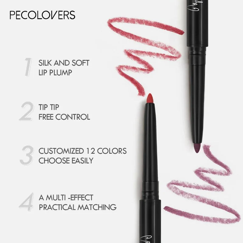 Waterproof matte lipliner pencil in red tint with a smooth tip and swatches on a white background.