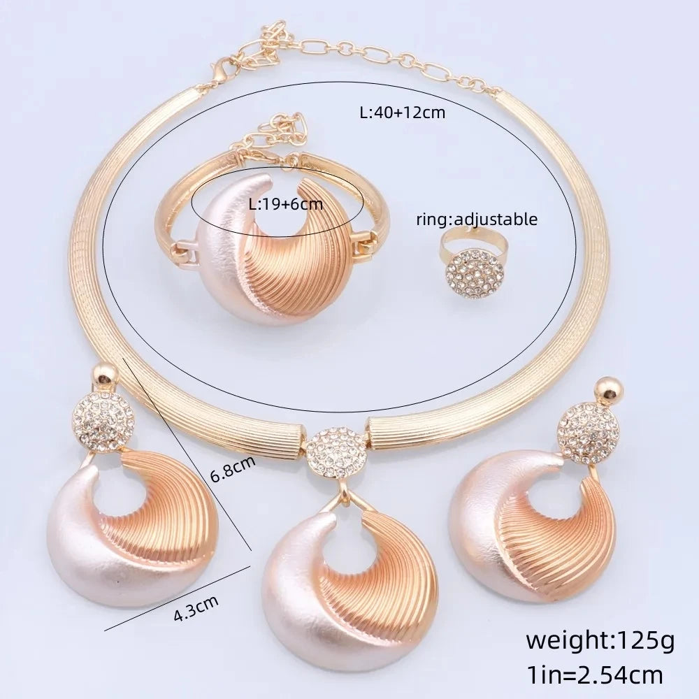 Silver plated Dubai jewelry set featuring a necklace, earrings, bracelet, and adjustable ring with a swirl design.