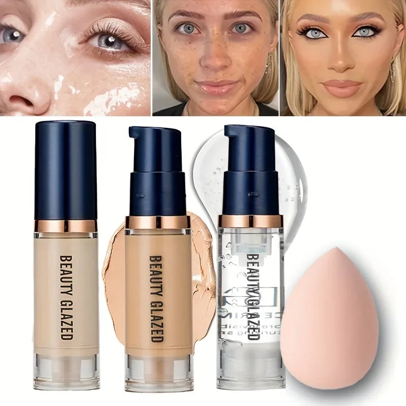 Beauty Glazed 3-Piece Makeup Set – Matte Liquid Foundation, Primer & Puff
