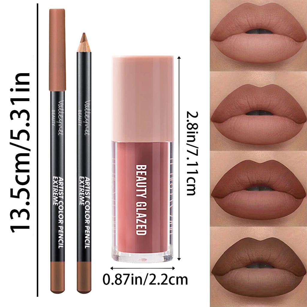 2pcs/Set Velvet Texture Lip Makeup, Matte Effect, Red, Brown Colors with measurements and lip swatches