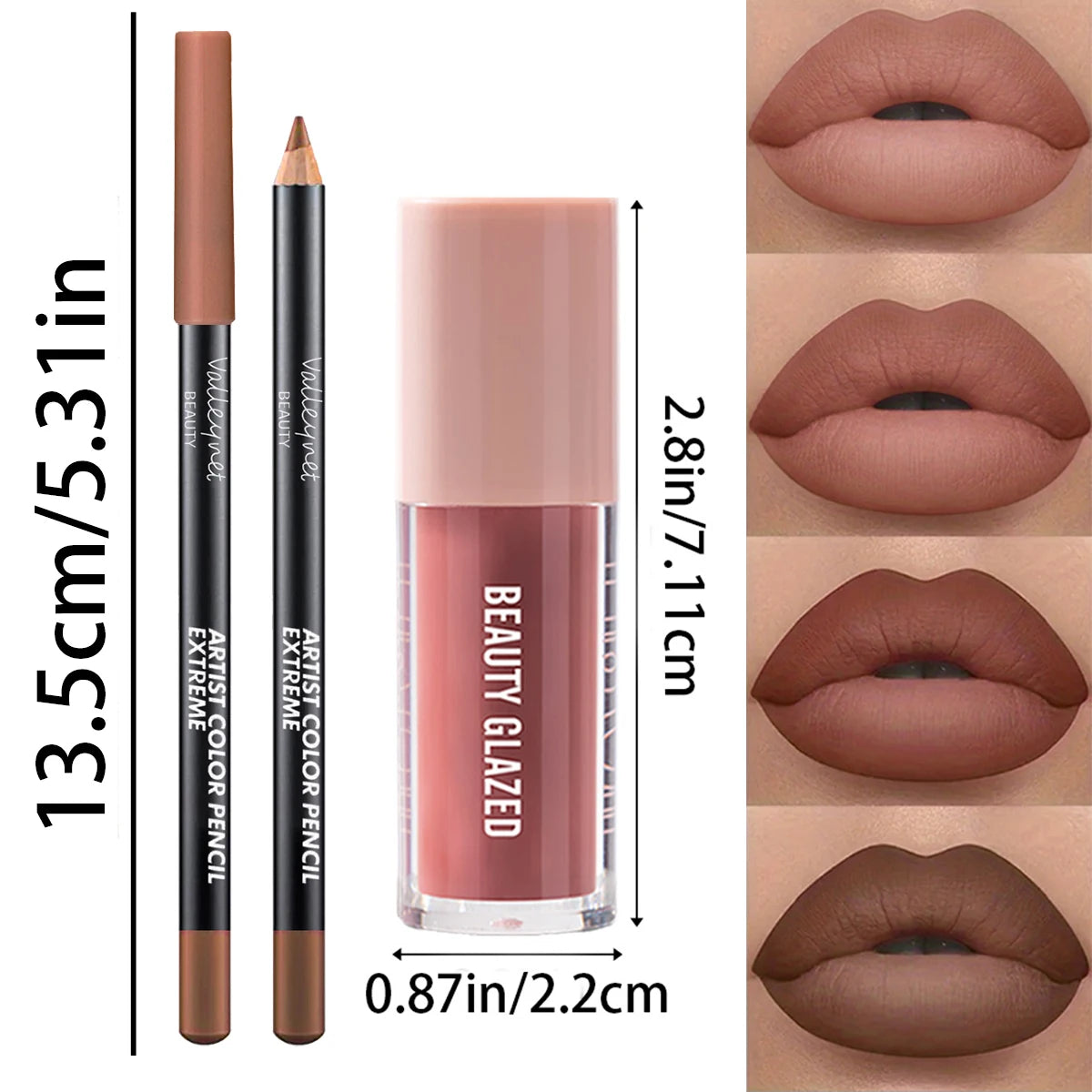 2pcs/Set Velvet Texture Lip Makeup, Matte Effect, Red, Brown Colors with measurements and lip swatches