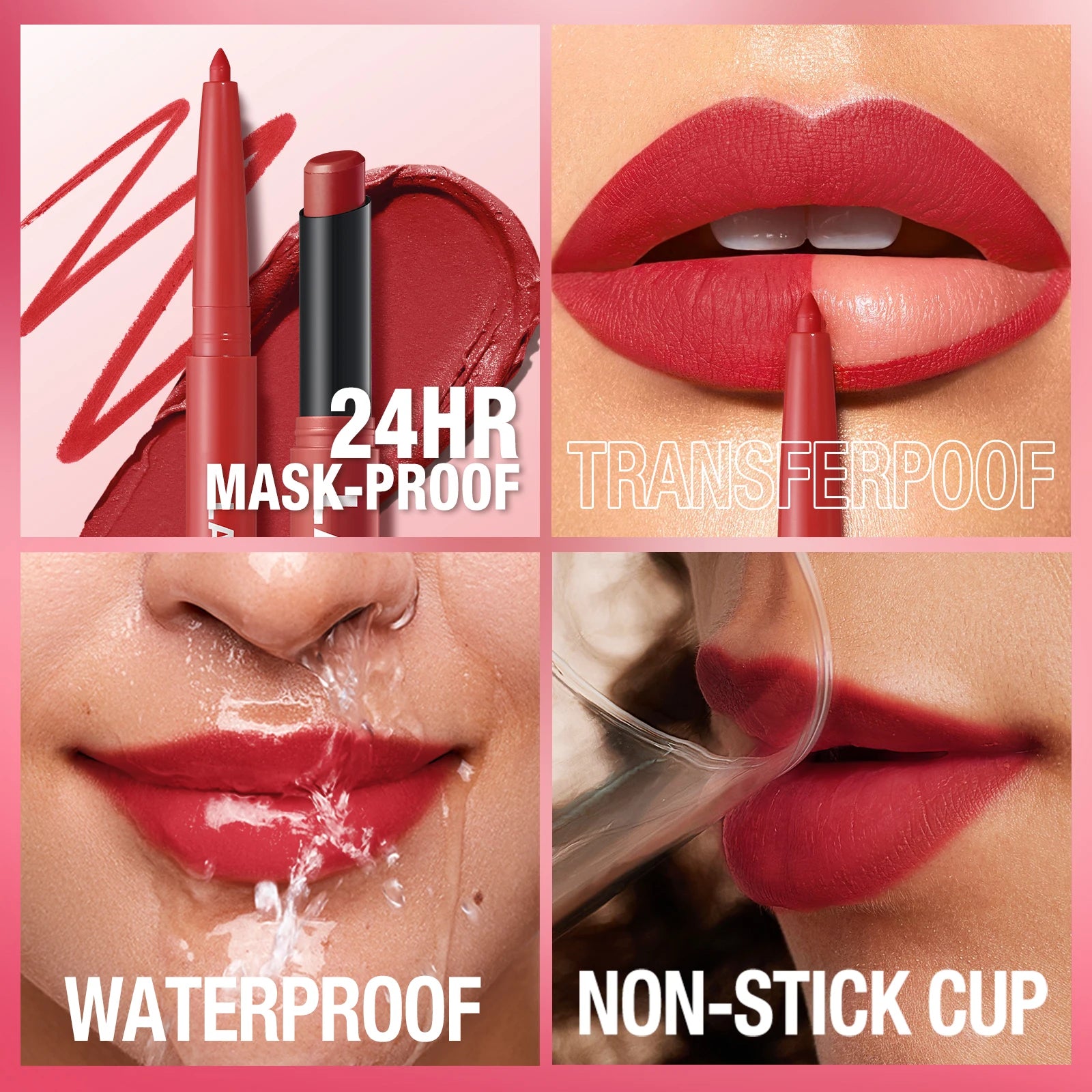 Integrated Waterproof Lipliner and Lipstick Set with 24hr mask-proof, transfer-proof, waterproof, and non-stick cup features