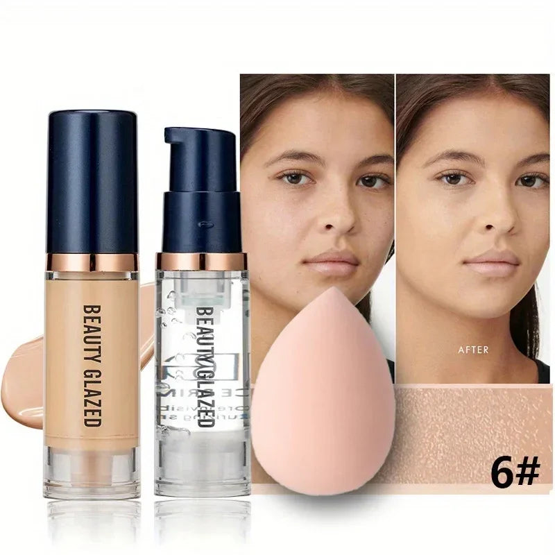 Beauty Glazed 3-Piece Makeup Set – Matte Liquid Foundation, Primer & Puff