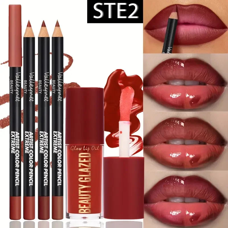4pcs Lip Kit Set with 3 lip liners and 1 lip glaze, shown with application steps and glossy results