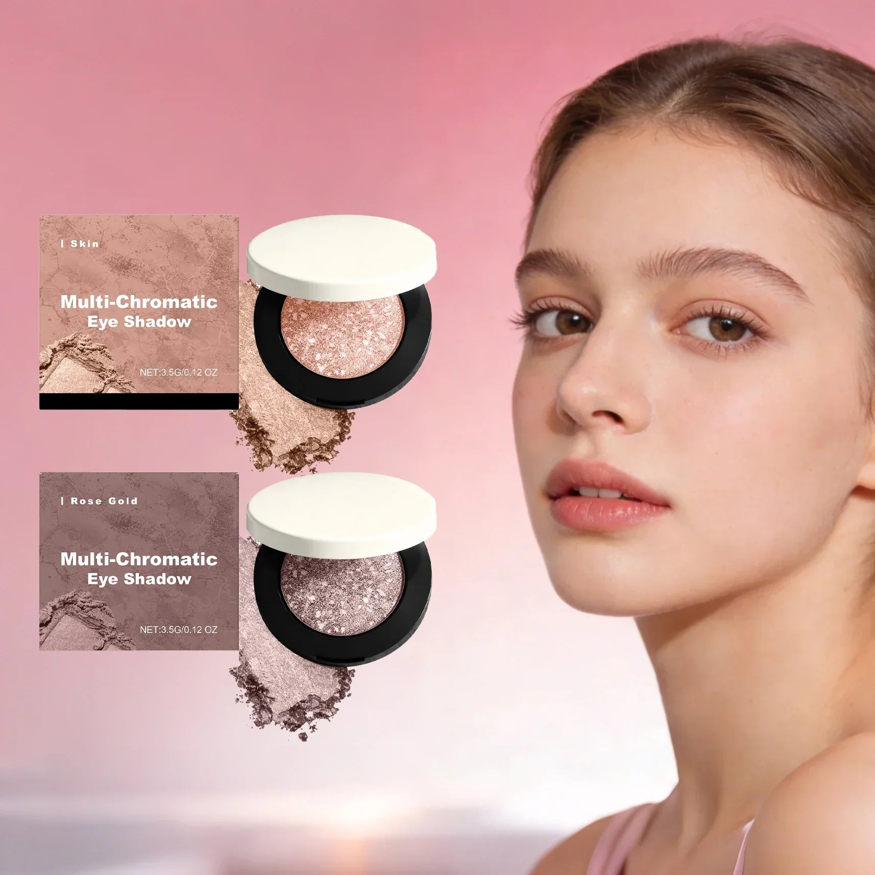 Shining eye shadow palette featuring matte and shimmer shades in skin and rose gold, with compact packaging.