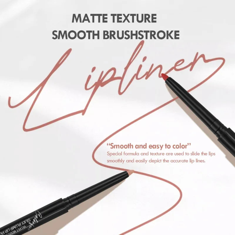 Waterproof matte lipliner pencil in red tint with a smooth brushstroke design on a white background.
