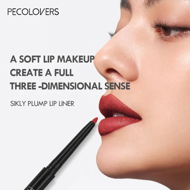 Waterproof matte lipliner pencil in red tint, shown with a model's lips, highlighting a smooth application and plump effect.