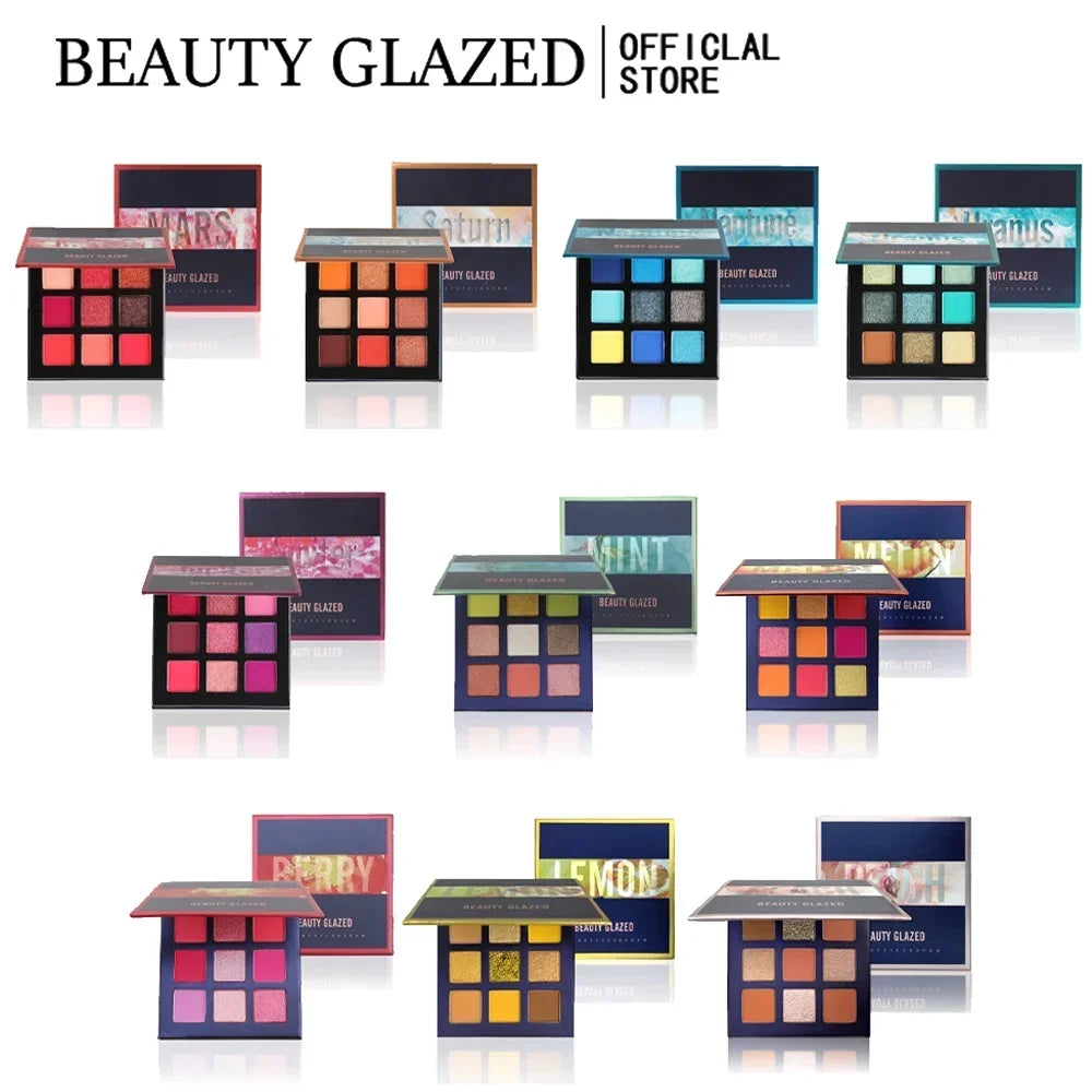 Eyeshadow palette featuring nine colors in shimmer and matte finishes, displayed in various compact cases.