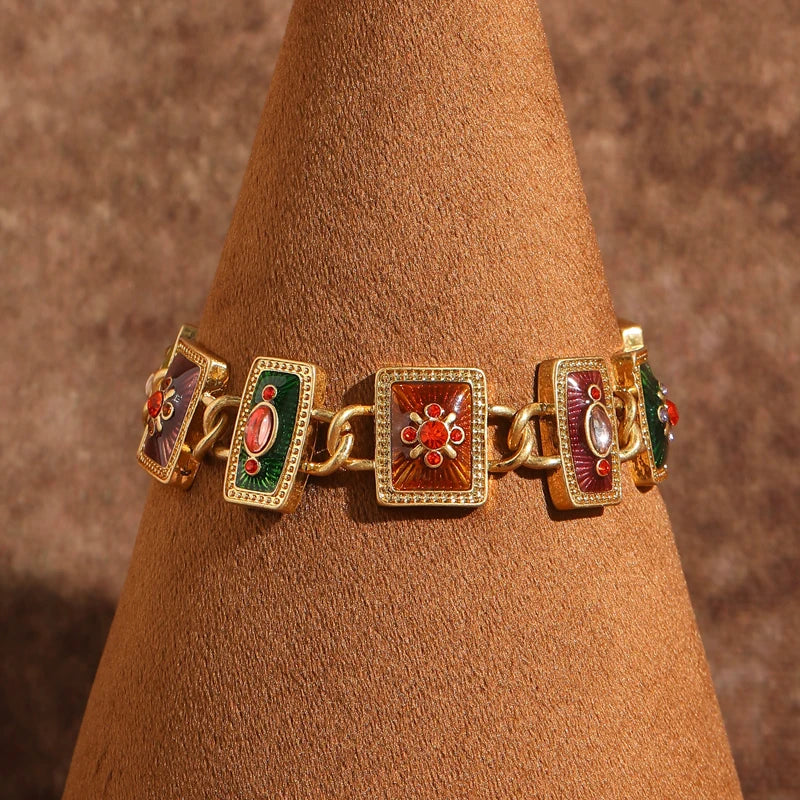 Vintage Jewelry Square Flower Charm Bracelet Antique Gold Color Designer Retro Luxury